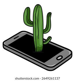 A unique vector illustration of a vibrant green cactus seemingly emerging from a modern smartphone screen, showcasing a playful contrast between nature and technology.