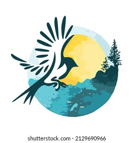 Unique vector illustration of vintage seascape painting with birds
