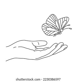 Unique vector image.  Butterfly picture.  Butterfly in hand.  Fly of butterfly.  Freedom in drawing.  Life is locked up.  Freedom and Peace.