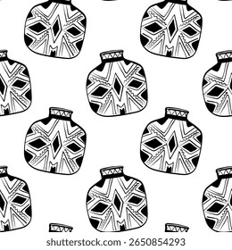 Unique vector pattern featuring abstract tribal mask designs on a white background