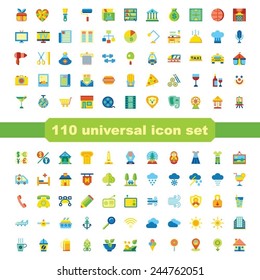 Unique vector set of 110 universal everyday flat urban icons. Isolated vector illustrations