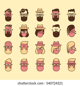 Unique vector set of hipster avatars for social media or web site. Trendy icons collection for website and social net. Colorful characters. Contours, outlines and lines