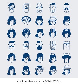 Unique vector set of people avatars for social media or web site. Black and White, contours, outlines and lines Trendy icons collection for website and social net. 