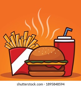 Unique vector style fast food meal with smoke coming out of hot deal can be used for numerous restaurant or cafe for promotion and marketing. Bright colors make it pop can be framed and used as decor