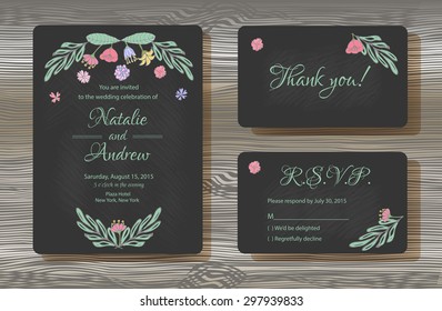 Unique vector wedding cards template with hand drawn floral decoration on wood texture background, Wedding invitation or save the date, RSVP and thank you card for bridal design, natural style 