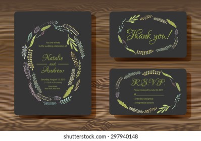 Unique vector wedding cards template with hand drawn floral decoration on wood texture background, Wedding invitation or save the date, RSVP and thank you card for bridal design, natural style