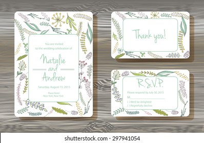 Unique vector wedding cards template with hand drawn floral decoration on wood texture background, Wedding invitation or save the date, RSVP and thank you card for bridal design, postcard