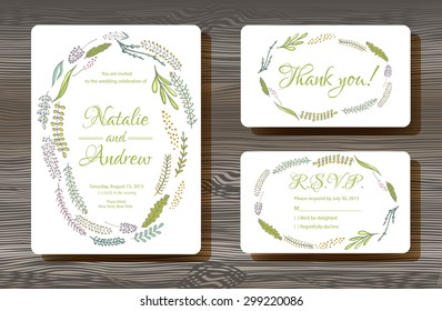 Unique vector wedding cards template with and drawn floral decoration on wood texture background, Wedding invitation or save the date, RSVP and thank you card for bridal design, natural style