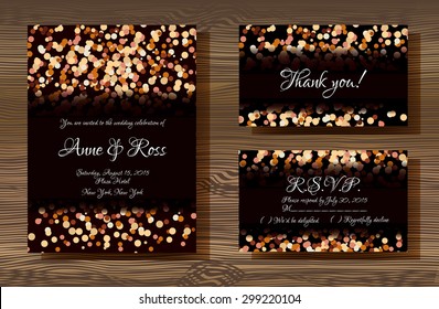 Unique vector wedding cards template with gold glitter texture decoration on wood texture background, Wedding invitation or save the date, RSVP and thank you card for bridal design, trendy gold style