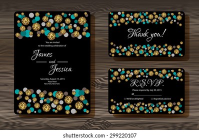 Unique vector wedding cards template with gold glitter texture decoration on wood texture background, Wedding invitation or save the date, RSVP and thank you card for bridal design, trendy gold style