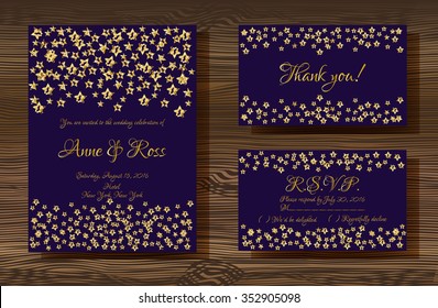 Unique vector wedding cards template with gold glitter texture decoration on wood texture background, Wedding invitation or save the date, RSVP and thank you card for bridal design, trendy gold style