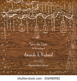 Unique vector wedding cards template with hand drawn tree decorated with lantern, hearts, candle, garland, Wedding invitation or save the date, RSVP and thank you card for bridal design, natural style