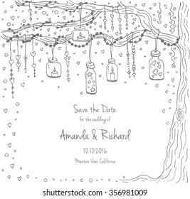 Unique vector wedding cards template with hand drawn tree decorated with lantern, hearts, candle, garland, Wedding invitation or save the date, RSVP and thank you card for bridal design, natural style