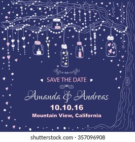 Unique vector wedding cards template with hand drawn tree decorated with lantern, hearts, candle, garland, Wedding invitation or save the date, RSVP and thank you card for bridal design, natural style