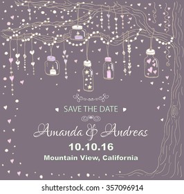 Unique vector wedding cards template with hand drawn tree decorated with lantern, hearts, candle, garland, Wedding invitation or save the date, RSVP and thank you card for bridal design, natural style