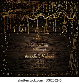 Unique vector wedding cards template with hand drawn tree decorated with lantern, hearts, candle, garland, Christmas eve invitation. Save the date. Bridal design gold and wood texture, natural style.