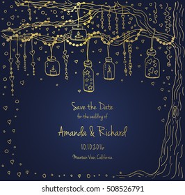 Unique vector wedding cards template with hand drawn tree decorated with lantern, hearts, candle, garland, Christmas eve invitation. Save the date. Bridal design gold and blue texture, natural style.