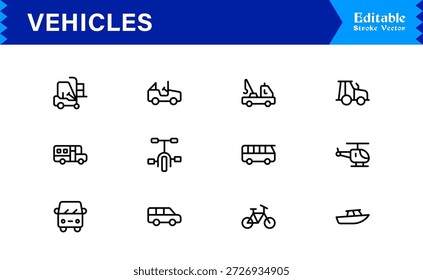 Colección única del icono de la línea de los vehículos con los iconos perfectos editables del pixel del estilo mínimo limpio del Vector para el transporte moderno y los Diseños automotrices