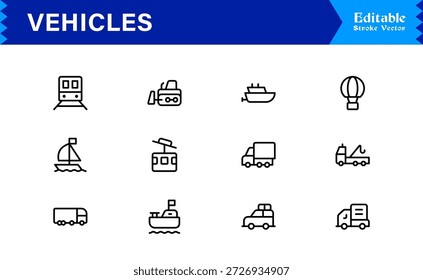Einzigartige Fahrzeuge Linie Icon Kollektion mit sauberen minimalen Vektor Stil bearbeitbare Pixel perfekte Icons für moderne Transport-und Automobil-Designs
