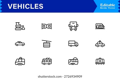 Einzigartige Fahrzeuge Linie Icon Kollektion mit sauberen minimalen Vektor Stil bearbeitbare Pixel perfekte Icons für moderne Transport-und Automobil-Designs