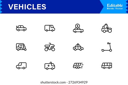 Colección única del icono de la línea de los vehículos con los iconos perfectos editables del pixel del estilo mínimo limpio del Vector para el transporte moderno y los Diseños automotrices