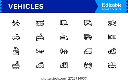 Unique Vehicles Line Icon Collection with Clean Minimal Vector Style Editable Pixel Perfect Icons for Modern Transport and Automotive Designs