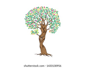 Unique vibrant Tree and colorful leaves Vector illustration with  abstract woman shape