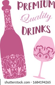 Unique vilolet design of bottle and glass for fresh delicious wine and angela. Vector