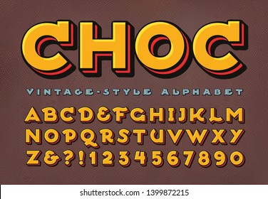 A unique vintage alphabet with dimensional layers, well suited in style and color to chocolate packaging and branding