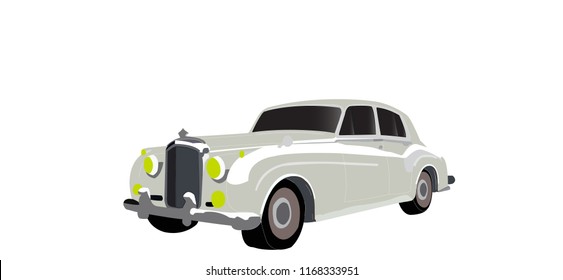 Unique vintage looking cream colored limousine with diamond symbol on front of the car.