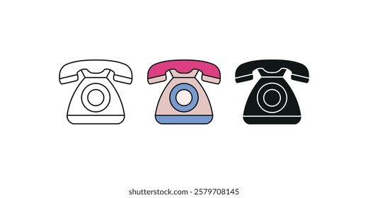 A unique vintage telephone icon set with outline, colored, and solid designs. Perfect for retro-themed projects, user interfaces, and graphic design applications.