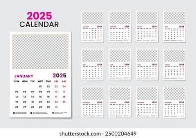 Unique wall calendar 2025 template with 12 months included new year