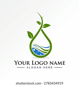 Unique water drop flow and tree trunk organic freshness park wet screnery sky logo design graphic concept creative premium vector stock image top sell