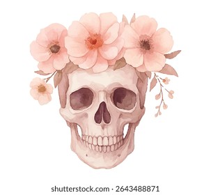 Unique watercolor skulls with floral crowns in blue and pink. Perfect for edgy decor, tattoo designs, fashion prints, and Day of the Dead themes. Hand-painted with artistic contrast and beauty.