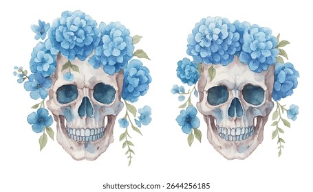 Unique watercolor skulls with floral crowns in blue and pink. Perfect for edgy decor, tattoo designs, fashion prints, and Day of the Dead themes. Hand-painted with artistic contrast and beauty.