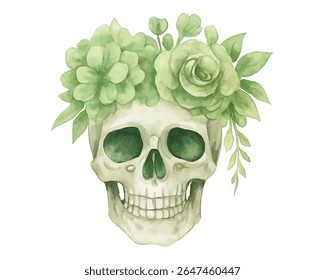 Crânios de aquarela únicos com coroas florais em azul e rosa. Perfeito para decoração edgy, designs de tatuagem, impressões de moda e temas do Dia dos Mortos. Pintado à mão com contraste artístico e beleza.