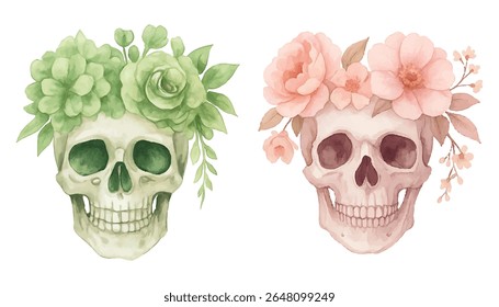 Unique watercolor skulls with floral crowns in blue and pink. Perfect for edgy decor, tattoo designs, fashion prints, and Day of the Dead themes. Hand-painted with artistic contrast and beauty.