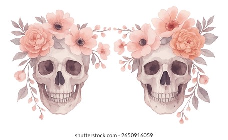 Unique watercolor skulls with floral crowns in blue and pink. Perfect for edgy decor, tattoo designs, fashion prints, and Day of the Dead themes. Hand-painted with artistic contrast and beauty.
