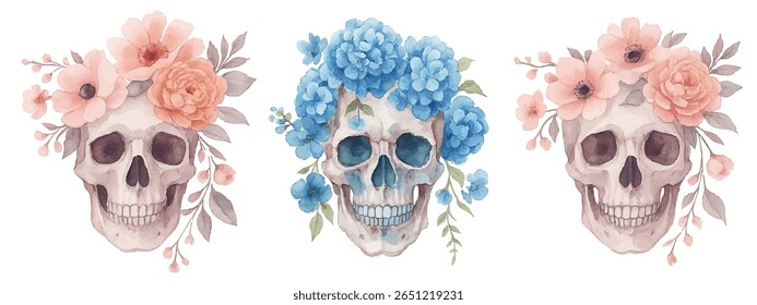 Unique watercolor skulls with floral crowns in blue and pink. Perfect for edgy decor, tattoo designs, fashion prints, and Day of the Dead themes. Hand-painted with artistic contrast and beauty.