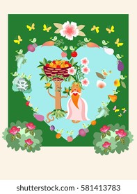 Unique wedding invitation with cute cartoon fruit tree and carrot, little birds, butterflies, rose bushes and vegetables. Beautiful vector card.