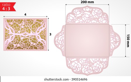 Unique wedding invitation folds for laser cutting. Laser cut wedding invitation envelope with rose flowers. Die cut paper folder template mockup. Cut out wedding invitation folder. Laser cut vector.