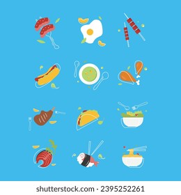 Unique Western Food With Strong and Lined Style Illustration Design Set