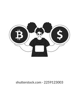 A unique woman holds a bitcoin and dollar coin in her hands. Linear black and white style.