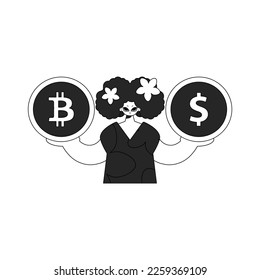A unique woman holds a bitcoin and dollar coin in her hands. Newspaper black and white style.
