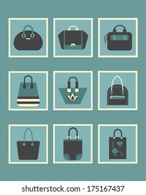 Unique women purse square icons - Cute and different shapes in teal, creamy and black