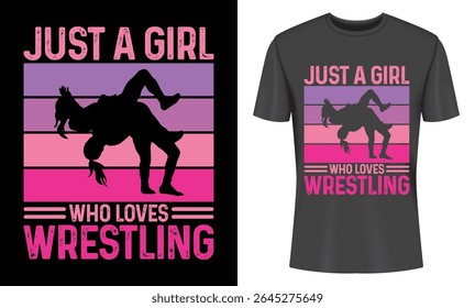 Unique wrestling t-shirt design featuring a girl wrestler silhouette against a retro striped background. Perfect for wrestling fans.