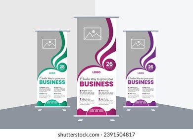 Unique X-stand Business Roll up banner vector Template, Professional Commercial advertising Print billboard banner concept, with stylish multiple colorful gradient
