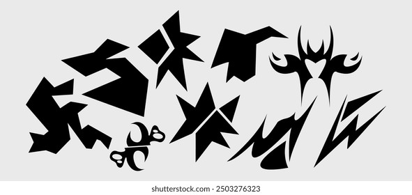 Unique Y2K design set with abstract Bauhaus shapes, brutalist black silhouettes, and minimal geometric elements. Includes retro-inspired shapes and symbols in a modern style.
