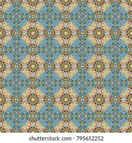 Unique yellow, violet and blue geometric vector swatch. Trendy boho tile. Perfect for wrapping paper, wallpaper, textile and surface design. Creative Ethnic Mandala seamless pattern.