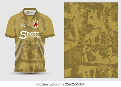 A uniquely designed sports shirt with a gold tone base color and a unique pattern. The brand logo "S Sport" is on the front and the design gives a sense of sport or football style.